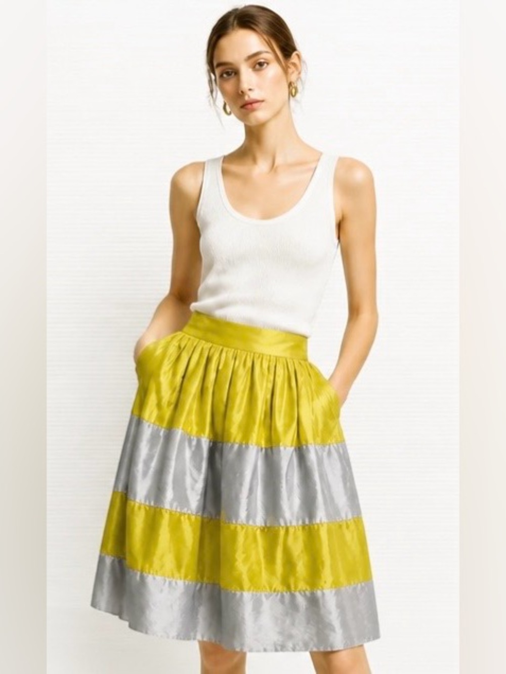 J CREW Collection Skirt Taffeta Silk Cotton Stripe Colorblock Full Dirndl Yellow